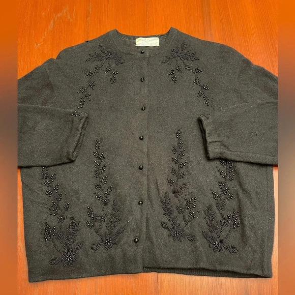 Vintage 1960s Mad Men Black Beaded Cardigan- M - Picture 1 of 16